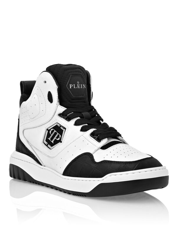 Croco Printed Leather Hi-Top Sneakers white / black