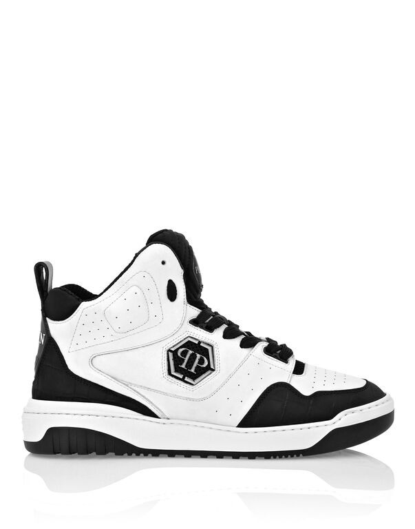 Croco Printed Leather Hi-Top Sneakers white / black