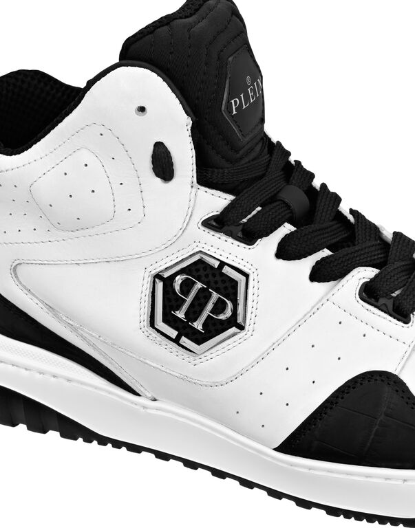 Croco Printed Leather Hi-Top Sneakers white / black
