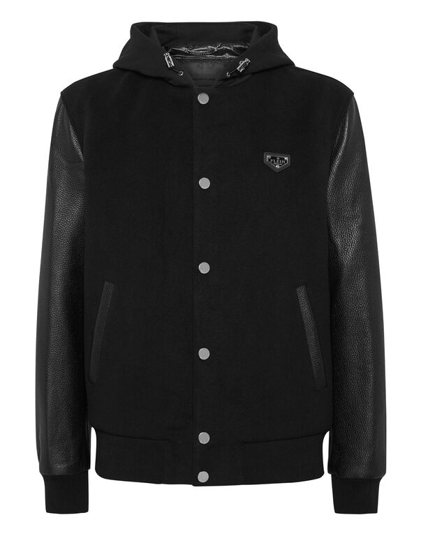 Hooded Varsity Bomber Jacket black