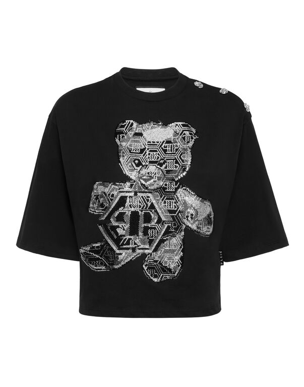 Cropped Round Neck T-Shirt 3D Teddy black