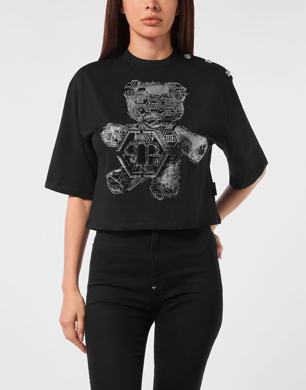 Cropped Round Neck T-Shirt 3D Teddy black