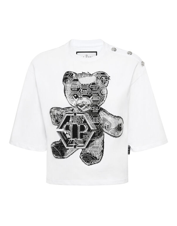 Cropped Round Neck T-Shirt 3D Teddy white
