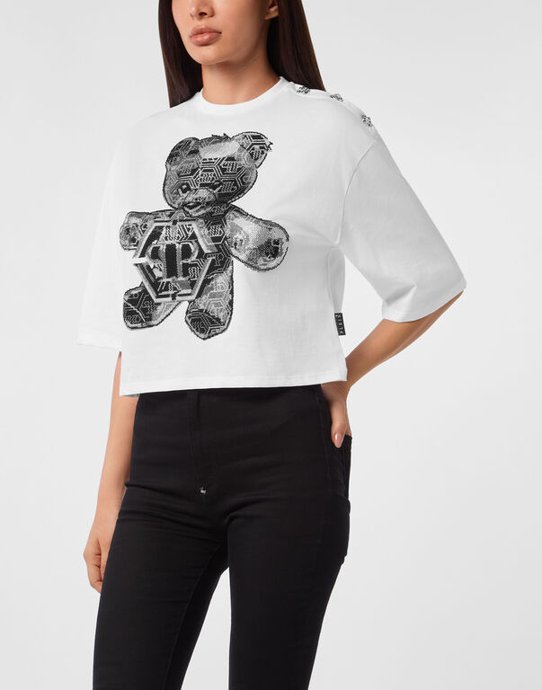 Cropped Round Neck T-Shirt 3D Teddy white