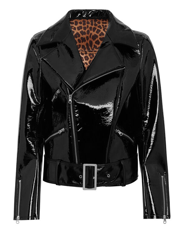 Oversize Glossy Eco Leather Jacket black