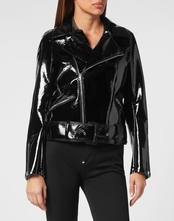 Oversize Glossy Eco Leather Jacket black