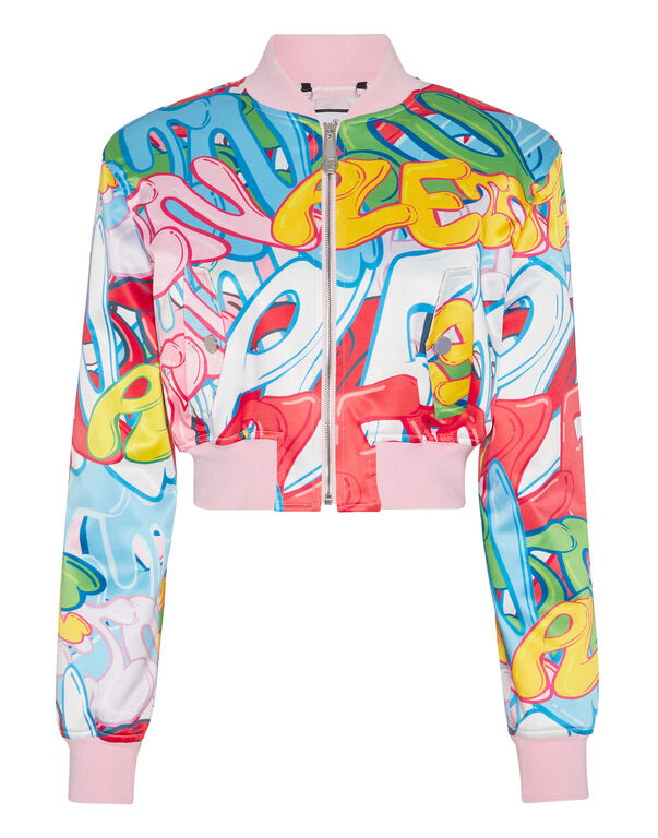 Satin Cropped Bomber Bombing Graffiti multicolor