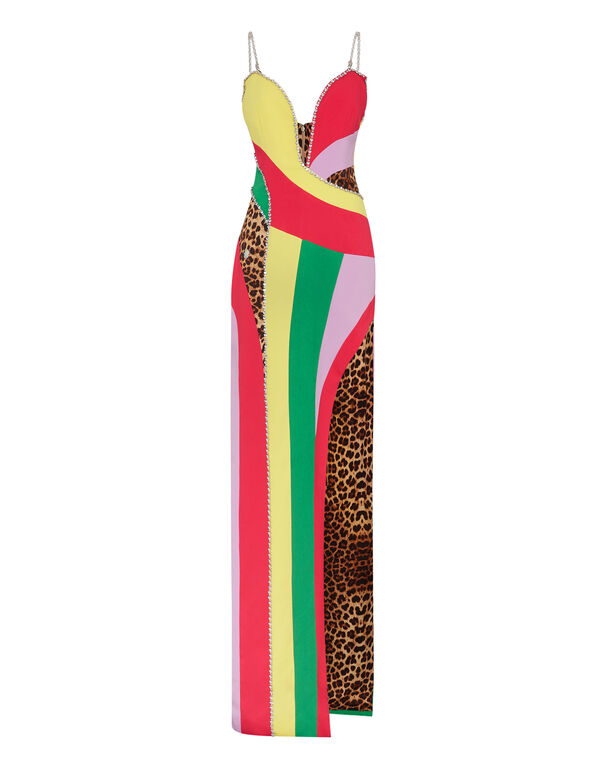 Satin Long Dress Rainbow Patchwork multicolor