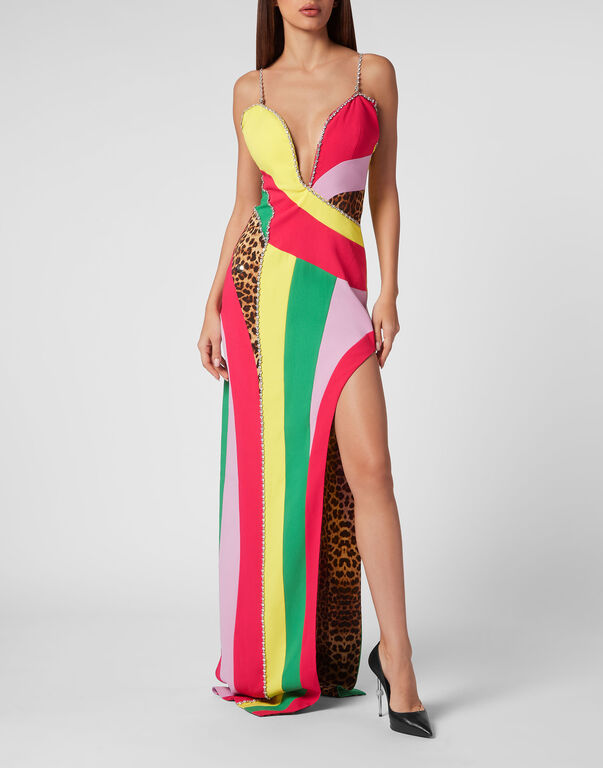 Satin Long Dress Rainbow Patchwork multicolor