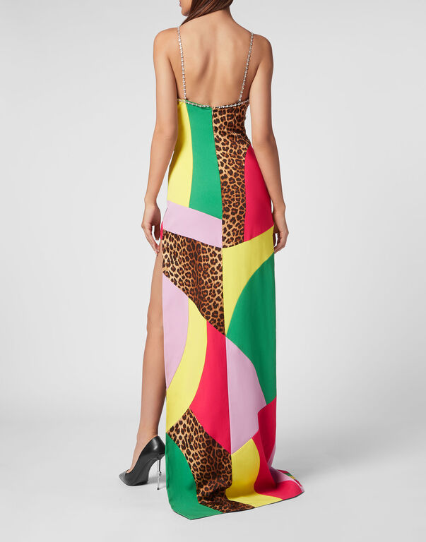 Satin Long Dress Rainbow Patchwork multicolor