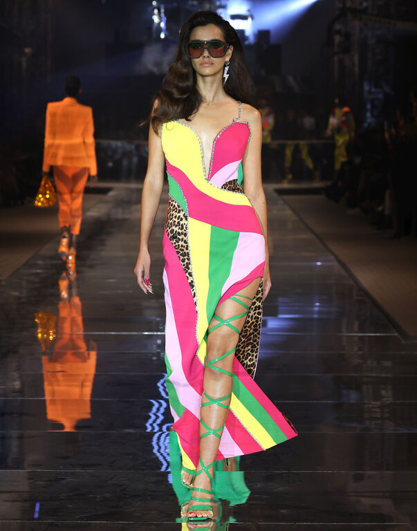 Satin Long Dress Rainbow Patchwork multicolor