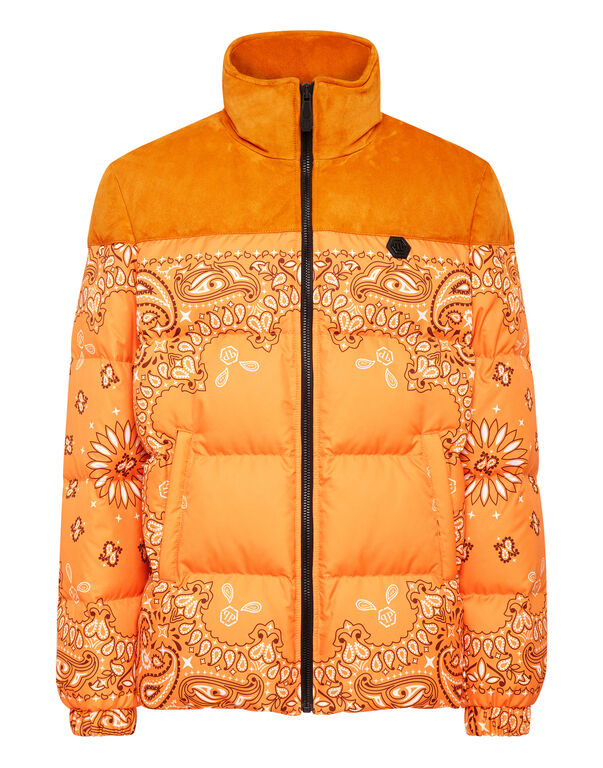 Nylon and Suede Down Jacket Paisley Bandana orange