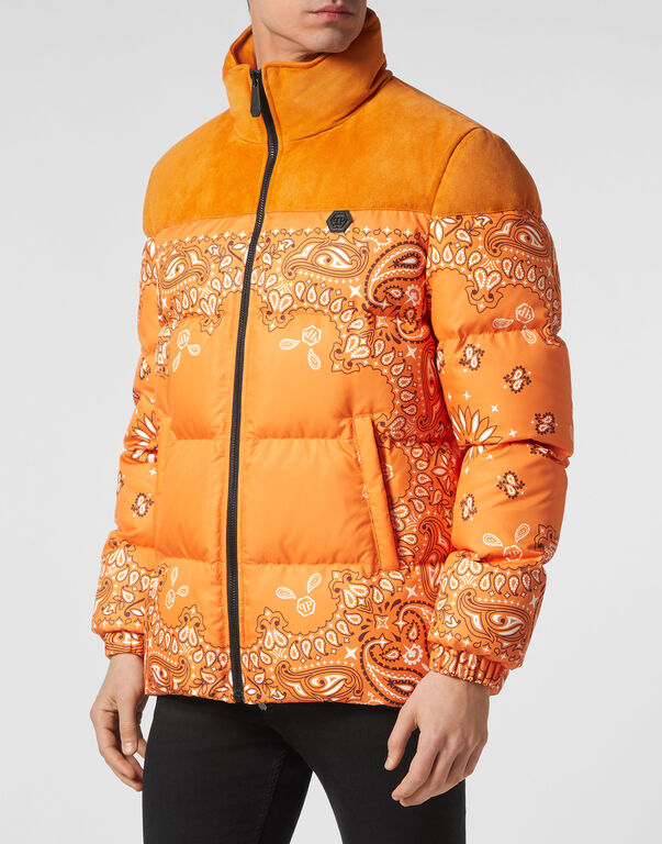 Nylon and Suede Down Jacket Paisley Bandana orange