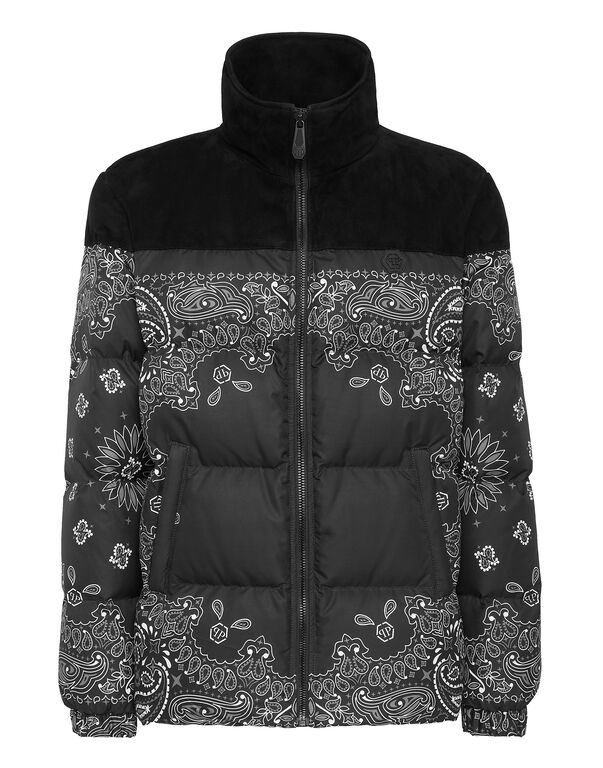 Nylon and Suede Down Jacket Paisley Bandana black