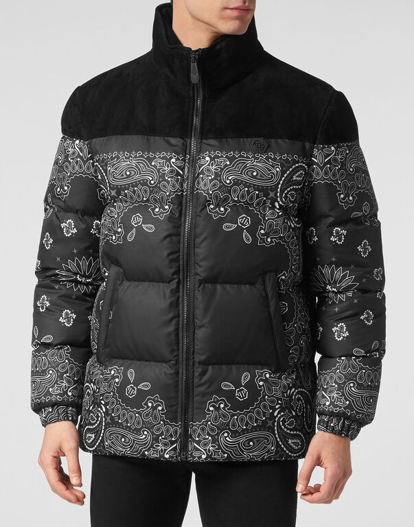 Nylon and Suede Down Jacket Paisley Bandana black