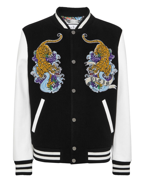 College Bomber with Woolen cloth base Tattoo black