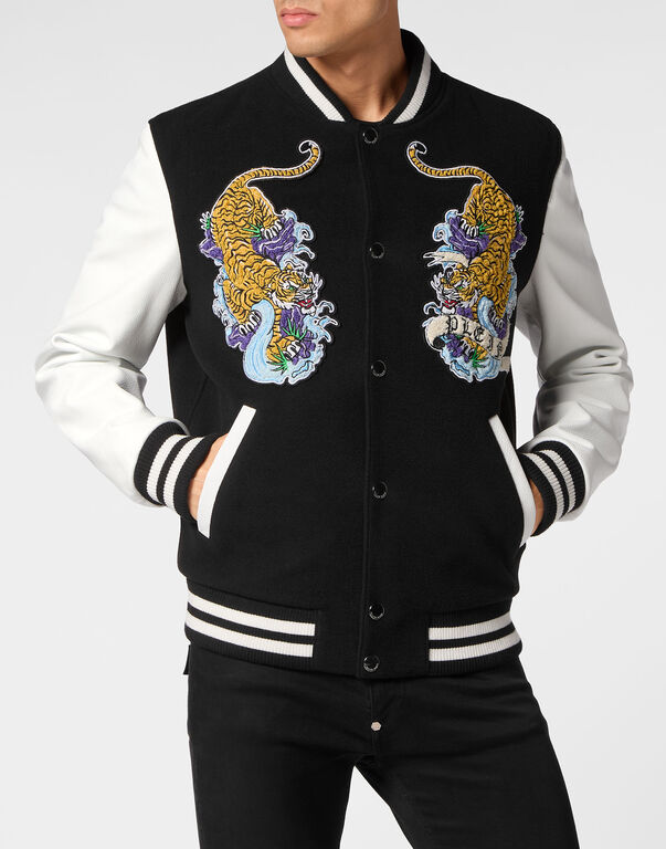 College Bomber with Woolen cloth base Tattoo black