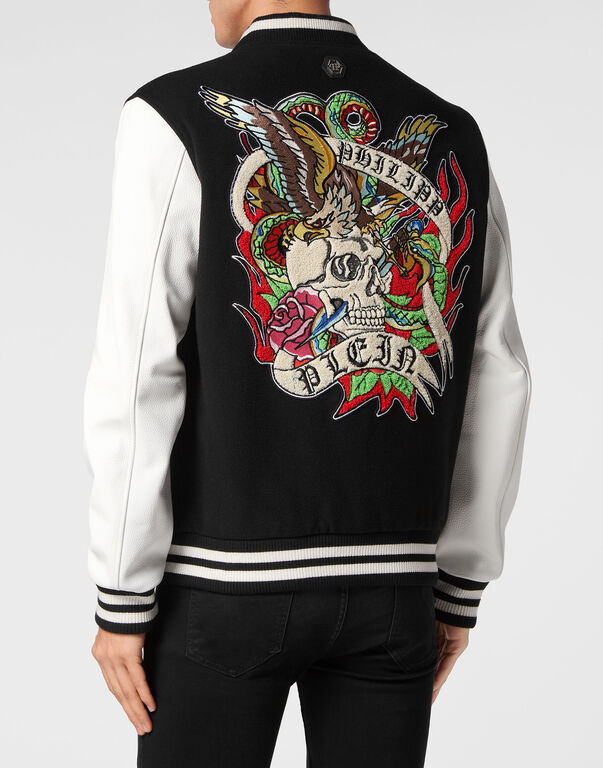 College Bomber with Woolen cloth base Tattoo black