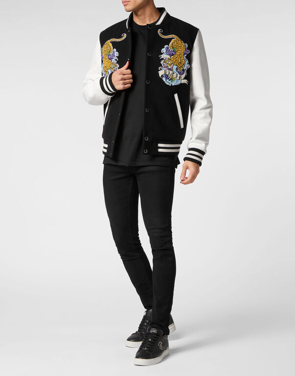 College Bomber with Woolen cloth base Tattoo black