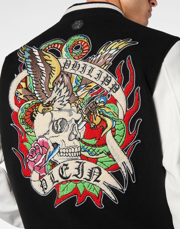 College Bomber with Woolen cloth base Tattoo black
