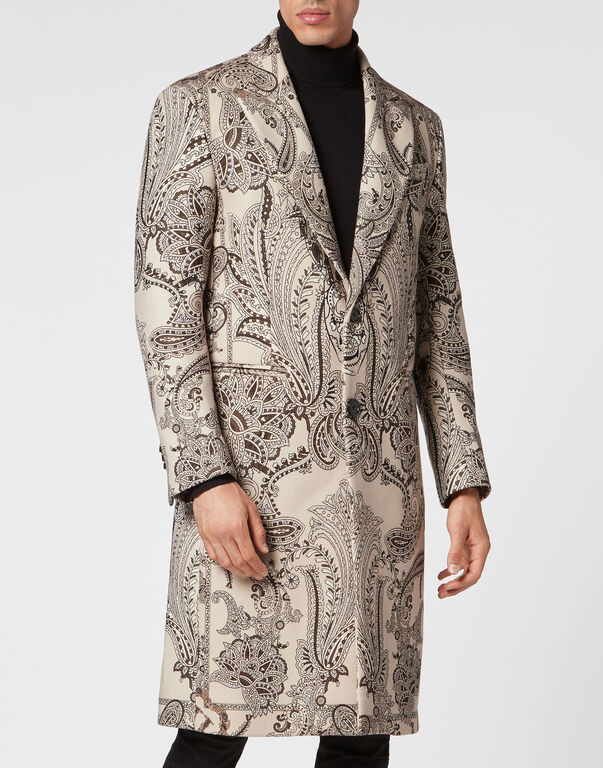 Wool Long Coat Paisley Foulard beige