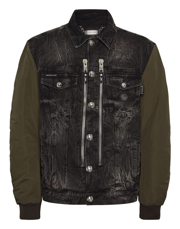 Denim Zipped Jacket With Nylon Sleeves Camouflage GREY MOON