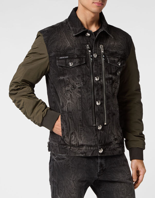 Denim Zipped Jacket With Nylon Sleeves Camouflage GREY MOON