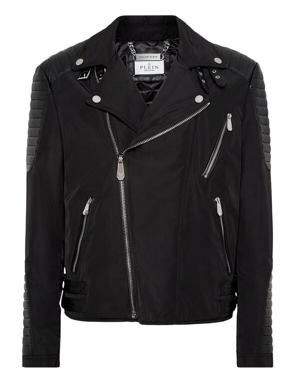 Nylon Biker Jacket With Leather Padding black