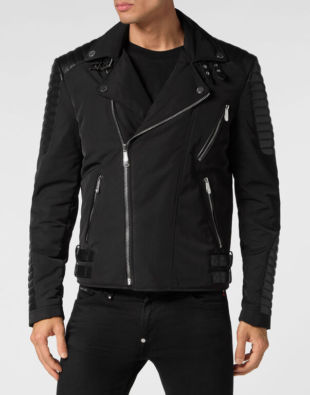 Nylon Biker Jacket With Leather Padding black