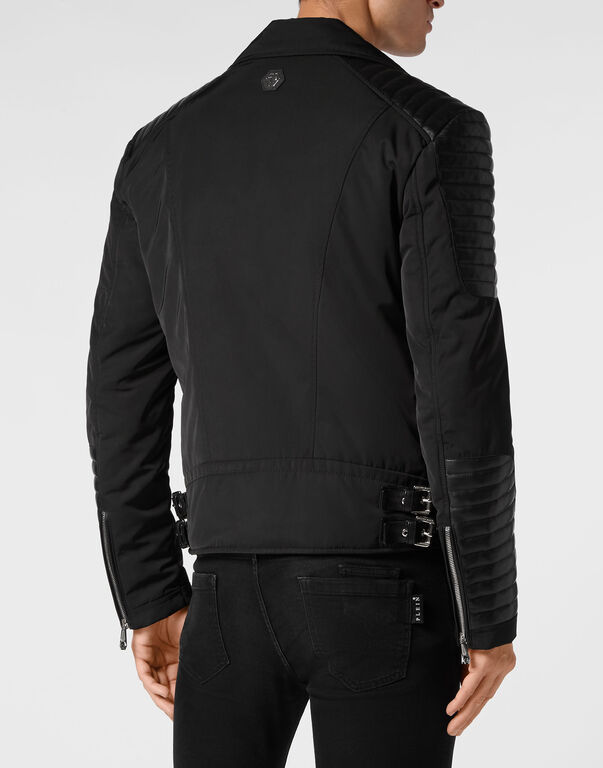 Nylon Biker Jacket With Leather Padding black