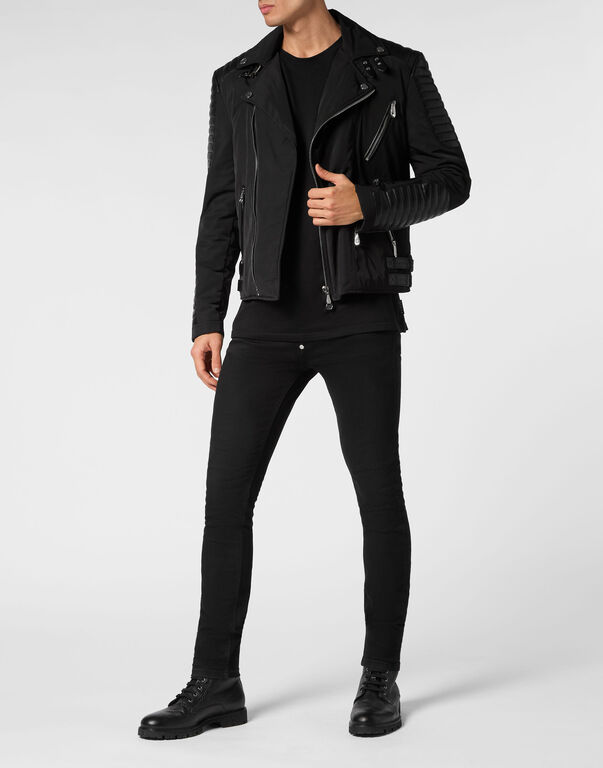 Nylon Biker Jacket With Leather Padding black