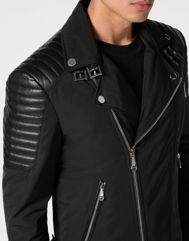 Nylon Biker Jacket With Leather Padding black