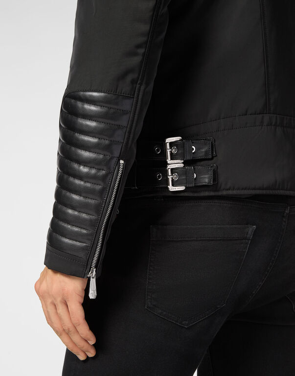 Nylon Biker Jacket With Leather Padding black