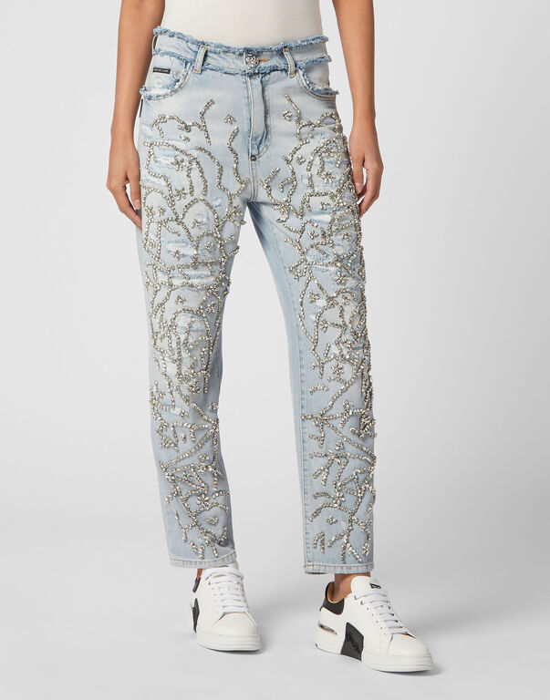 Denim Trousers Mom Fit Crystal Ice Cube