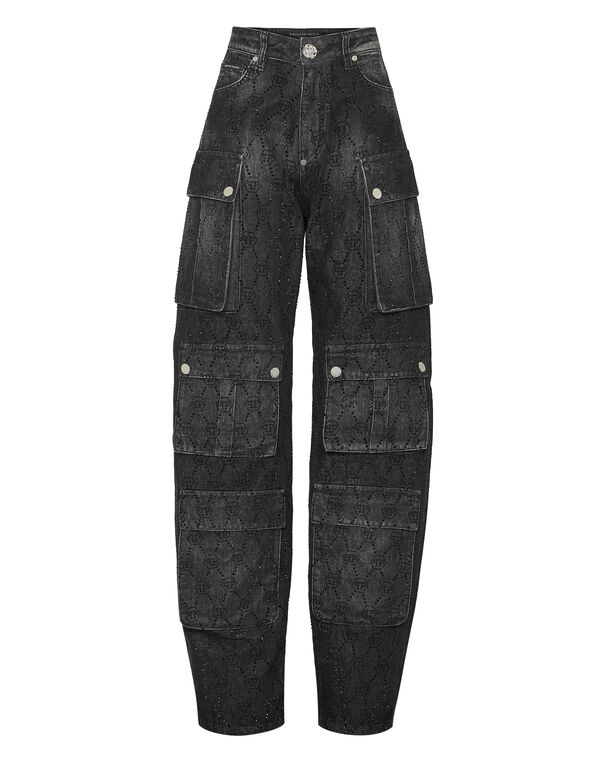 Denim Cargo Trousers Monogram Strass Riot Black