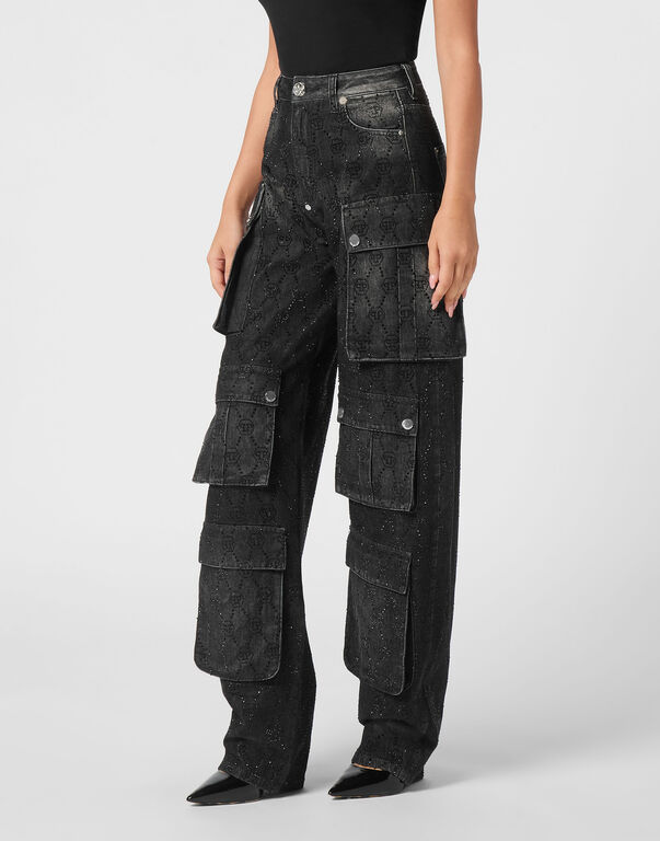 Denim Cargo Trousers Monogram Strass Riot Black
