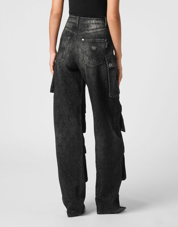 Denim Cargo Trousers Monogram Strass Riot Black 3 Denim Cargo Trousers Monogram Strass Riot Black