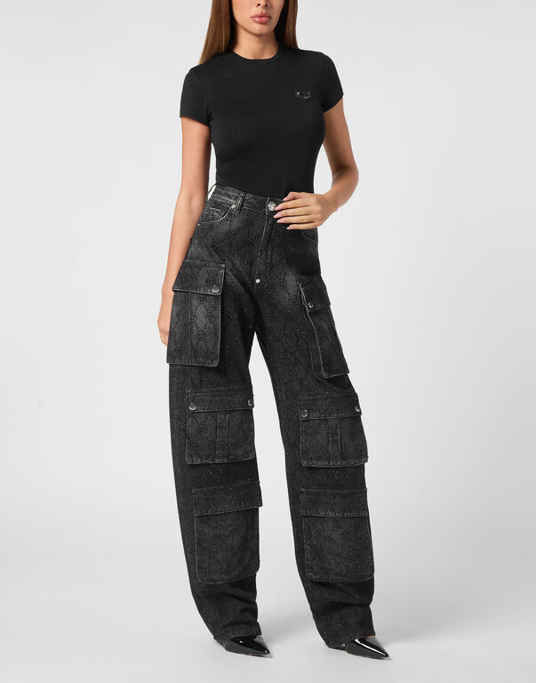 Denim Cargo Trousers Monogram Strass Riot Black 4 Denim Cargo Trousers Monogram Strass Riot Black