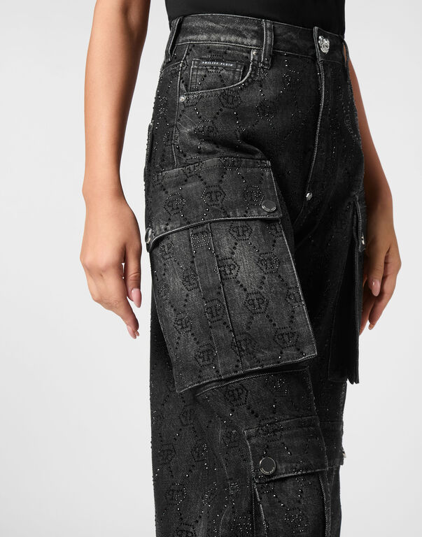 Denim Cargo Trousers Monogram Strass Riot Black 5 Denim Cargo Trousers Monogram Strass Riot Black