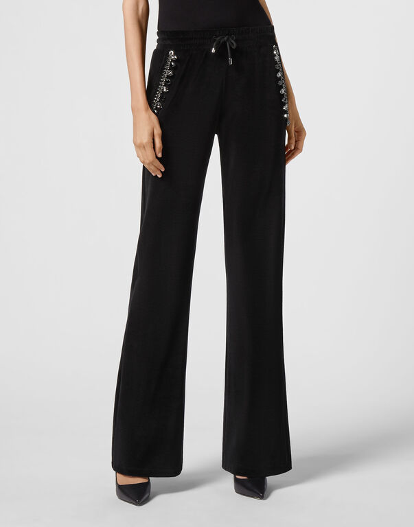 Velvet Jogging Trousers Crystal Chain black