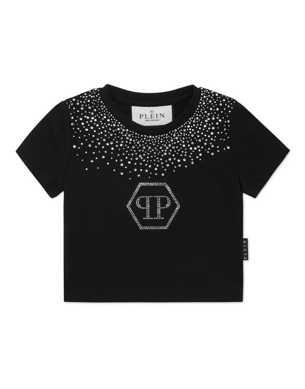 Cropped T-shirt Strass Round Neck SS Hexagon black