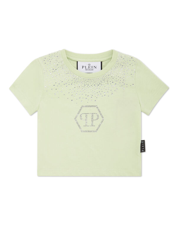 Cropped T-shirt Strass Round Neck SS Hexagon green