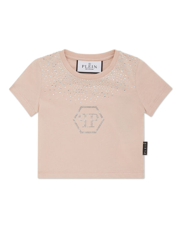 Cropped T-shirt Strass Round Neck SS Hexagon nude pink