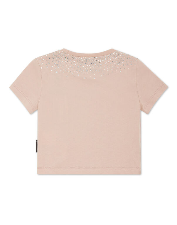 Cropped T-shirt Strass Round Neck SS Hexagon nude pink