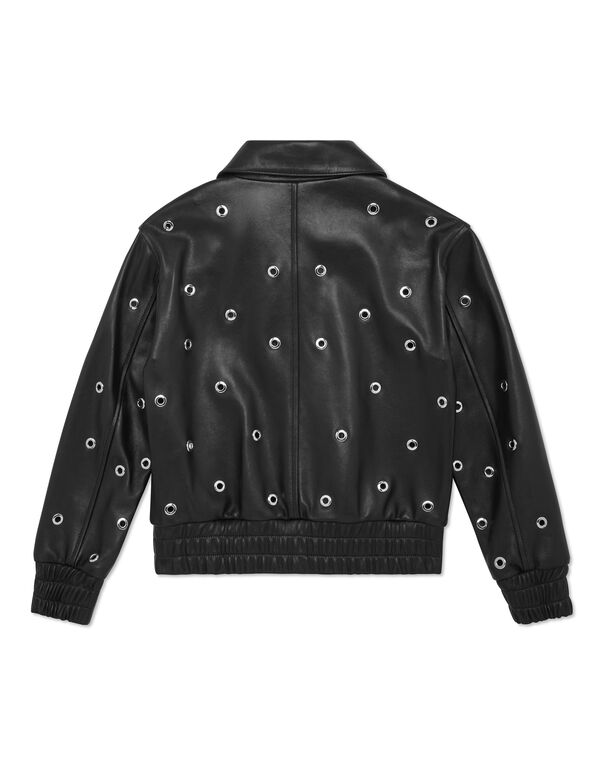 Cropped Leather Bomber LS Eyelet black