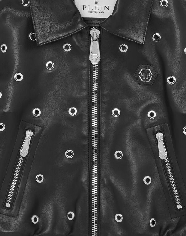 Cropped Leather Bomber LS Eyelet black
