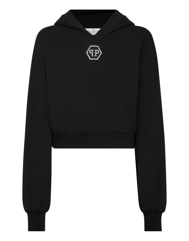 Cropped Hoodie Sweatshirt Crystal Hexagon black