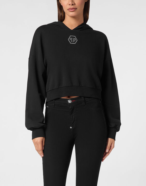 Cropped Hoodie Sweatshirt Crystal Hexagon black