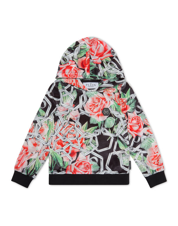 Chenille Hoodie Sweatshirt Roses black