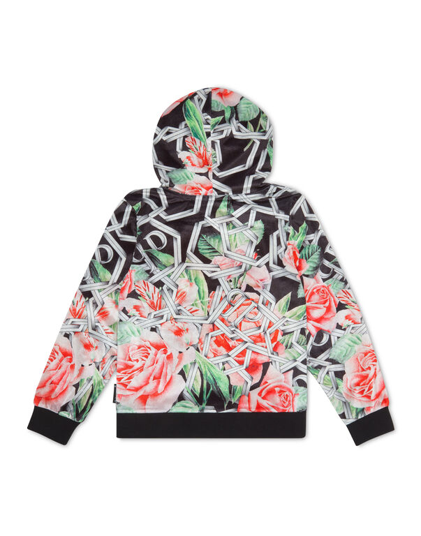 Chenille Hoodie Sweatshirt Roses black